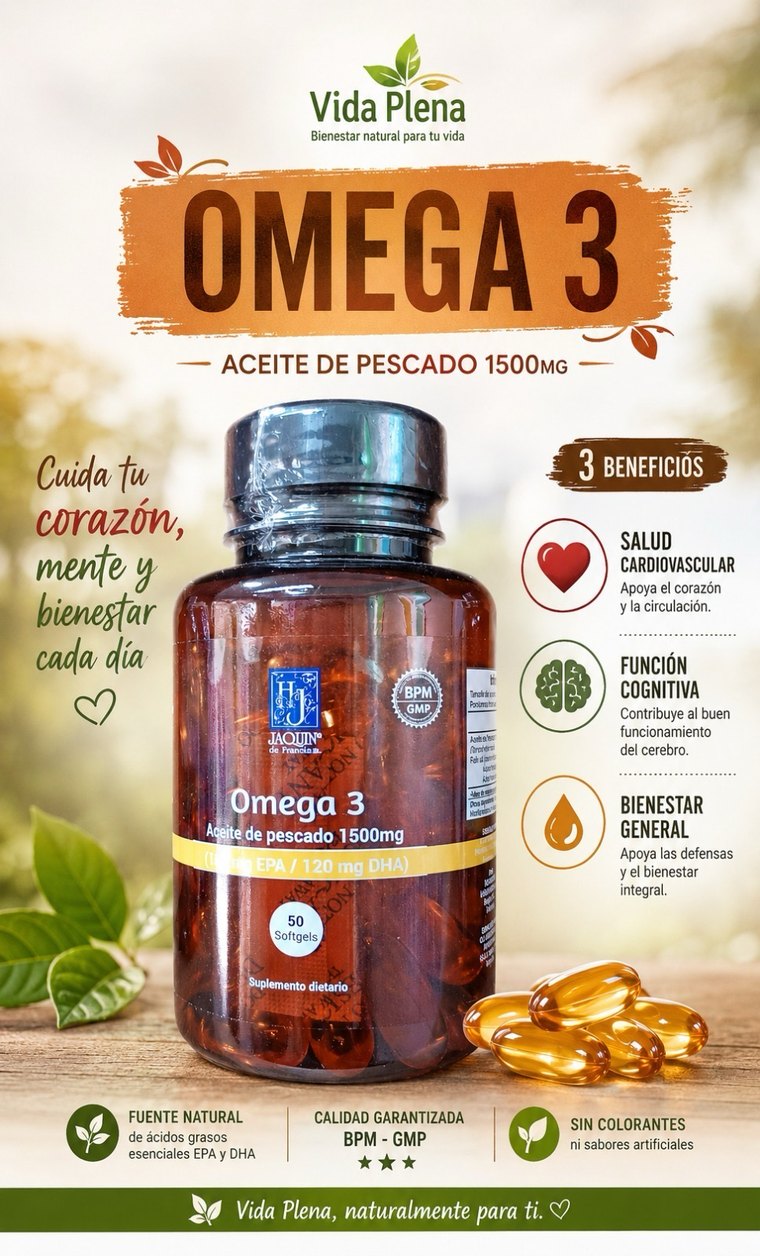 Omega 3 Vida Plena, aceite de pescado 1500 mg con 50 c&aacute;psulas blandas